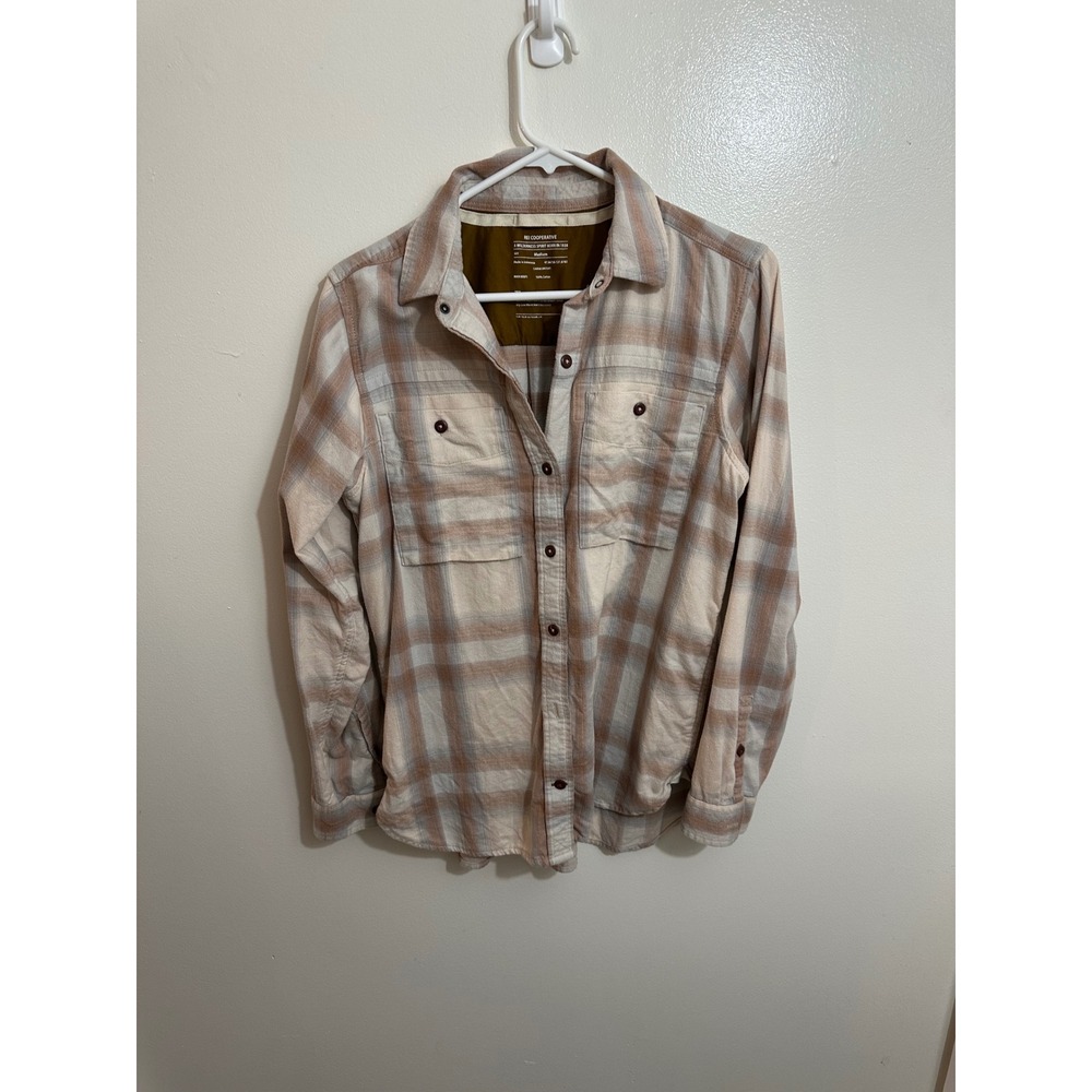 REI Co-op Womens Plaid Flannel Button Up Shirt Tan Cream Medium
